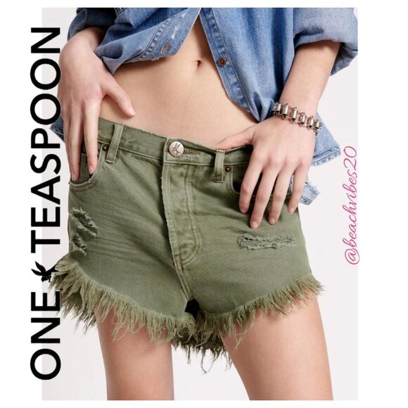 ONE TEASPOON Outlaws Low Waist Mid Length Denim Shorts Military Khaki 30 NWT - Picture 2 of 7